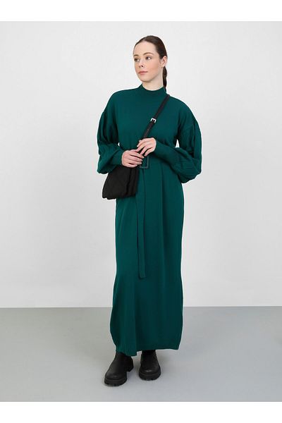 Benin Rochie Hijab Tricotaj Detaliat Curea - Verde Smarald - Benin
