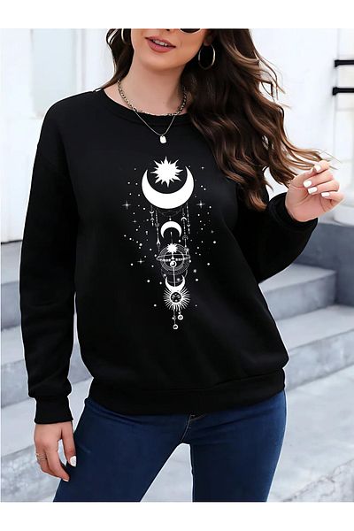 BEETON Moon Sun Sweatshirt - Black Printed Oversize Crew Neck