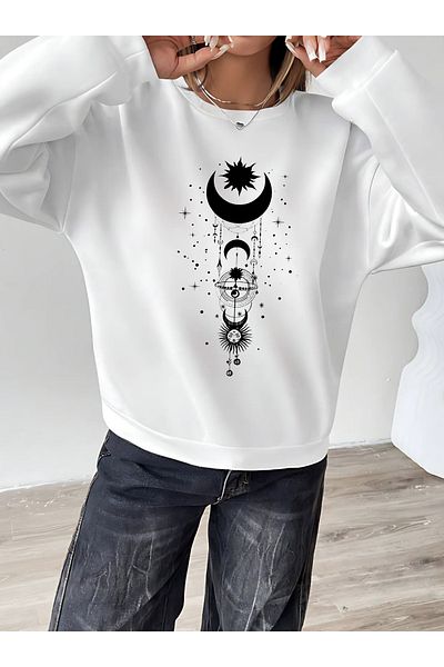 BEETON White Printed Moon Sun Sweatshirt - Oversize Crew Neck