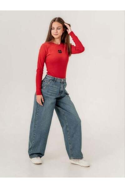 Zekids Kız Çocuk Bol Paça Eskitilmiş Denim Pantolon