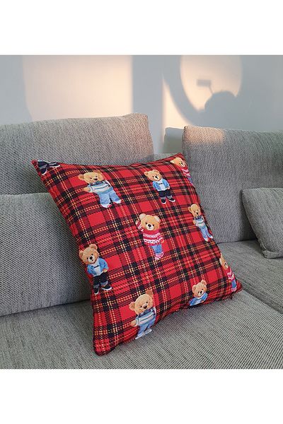 DECO Plaid Floor Teddy Bear Patterned Digital Printed Throw Pillow Cover