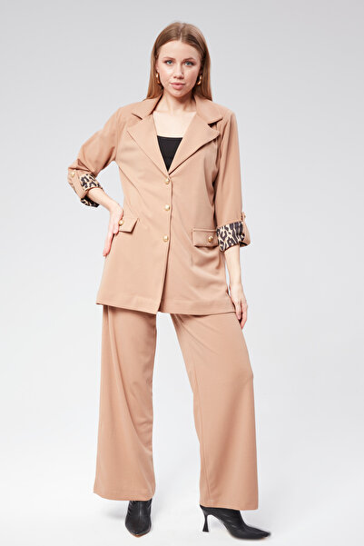 VıoShıne Women's Gold Buttoned Trousers Jacket Double Set