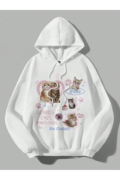 aynewmoda White Hooded Sweatshirt - Cute Cats Front Printed Hoodie