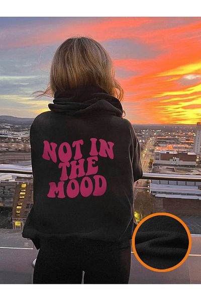 aynewmoda Черен суитшърт с качулка - суитшърт с щампа NOT IN THE MOOD отпред и отзад