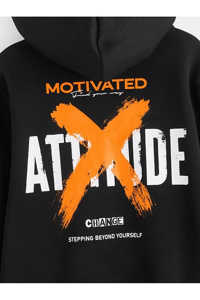 aynewmoda Attitude X - Черен суичър с качулка и щампа отпред и отзад