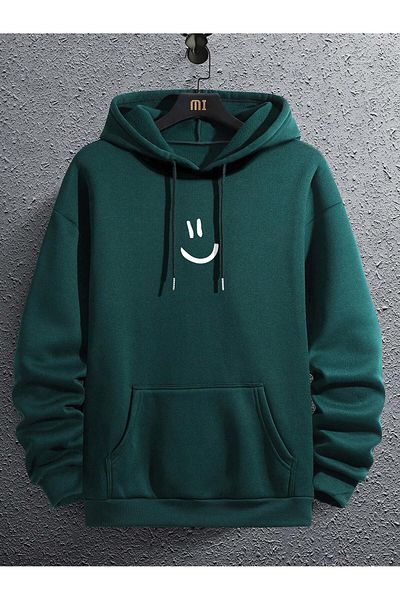 aynewmoda Φούτερ με κουκούλα σε χακί χρώμα - Smiling Face Front Printed