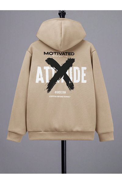 aynewmoda Attitude X Ecru Hooded Sweatshirt - Front and Back Printed