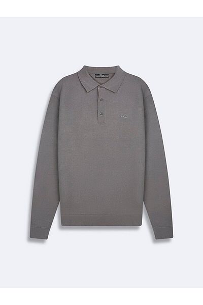 Ltb Plain Polo Neck Buttoned Knitwear Gray Sweater