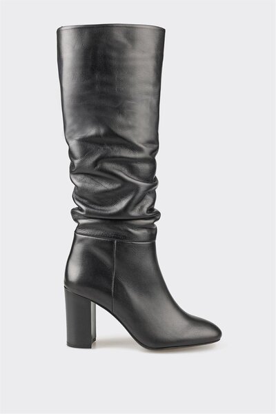 Elle Shoes Siyah Deri Kadın Topuklu Çizme