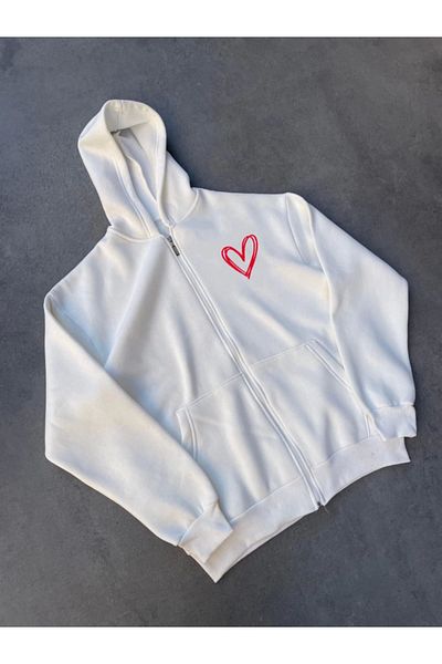 leyla sanat sanata yeni bir bakış açısı Leyla Sanat a New Perspective on Art Three Thread Printed Zipper Hooded Cardigan - White