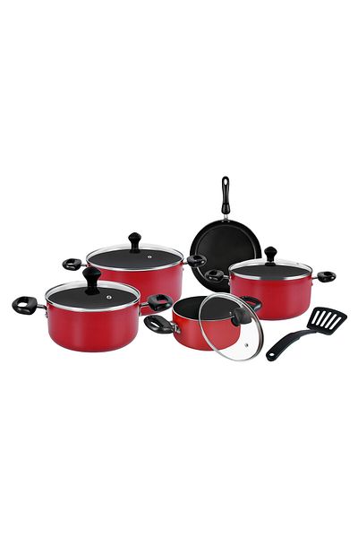 Prestige 10 Pcs Non-Stick Cookware Set  Non Stick Aluminium  – Red