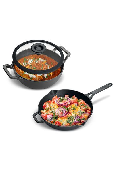 Prestige Pre-Seasoned Cast Iron Cookware Set - 24Cm Kadai W/L & 26Cm Frypan - PR49083