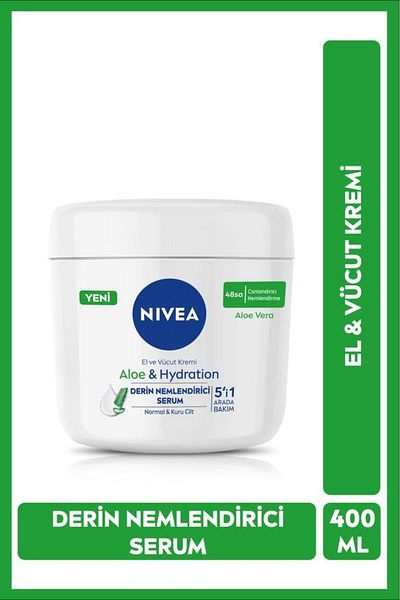 NIVEA Aloe Vera 5 in 1 Hand and Body Cream 400ml, 48 Hours Moisturizing Serum, Normal and Dry Skin