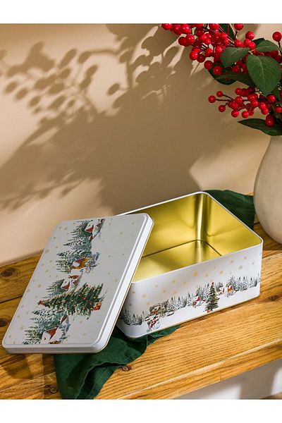 Maflen Christmas Themed Snowy Village Colorful Printed Metal Storage Box