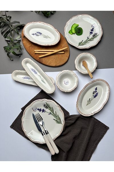 tabakevi Plate House Porcelain Fulya Lavender Breakfast Set for 6 People 14 Pieces