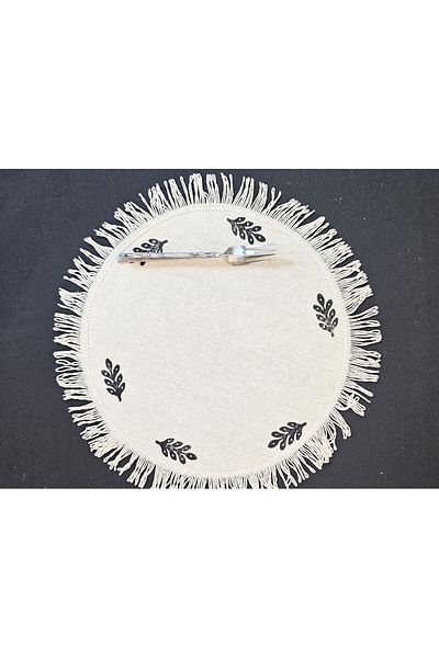 shules collection Raw Linen Cotton Tasseled Tiny Pattern Stone Print 6-Piece American Service Charger Round 40cm