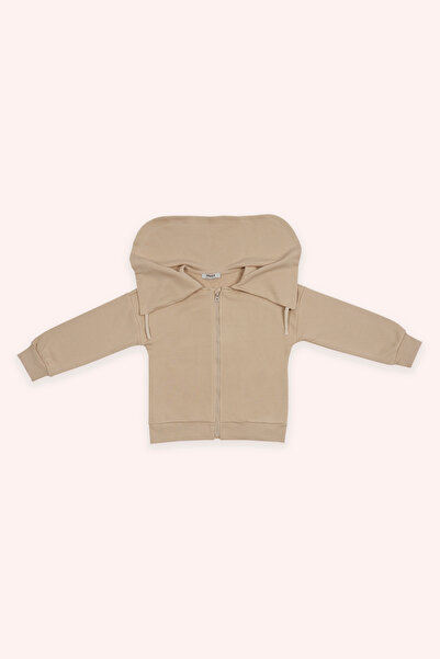 Panço Girl's Wide Neck Detailed Zippered Beige Sweatshirt