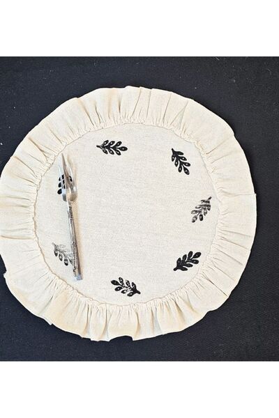 shules collection Ham Keten Pamuk Fırfırlı Minik Desen Taş Baskı 6' Lı Amerikan Servisi Supla YUVARLAK  45Cm