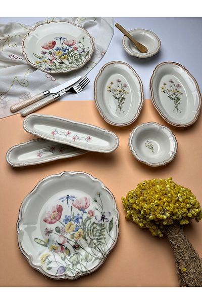 tabakevi Tabak House Porcelain Fulya Bouquet Breakfast Set for 6 People 14 Pieces