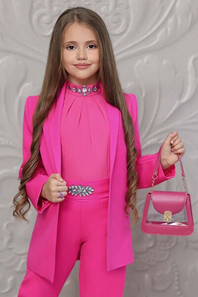 Riccotarz Fuchsia Girl's Set - Stone Embroidered Collar Tank Top, Belt Blazer Jacket and Trousers