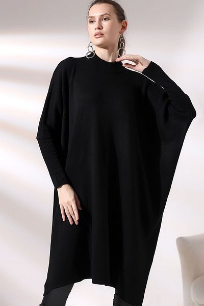 Devinka Women's Oversize Long Slit Knitwear Poncho Sweater Black