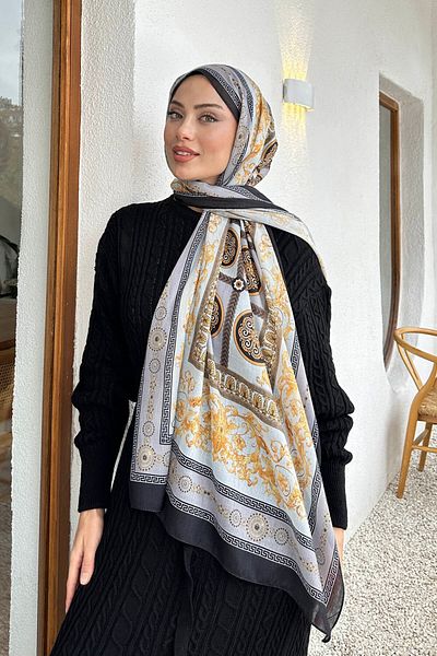 lamelif.com Βαμβακερό σάλι Versa με σχέδιο - Μαύρο Γκρι
