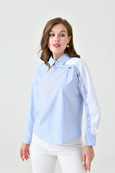 MAMAYAGA Cămașă bluză cu guler cu design special pentru femei, cu garnitură în dungi, potrivită pentru hijab