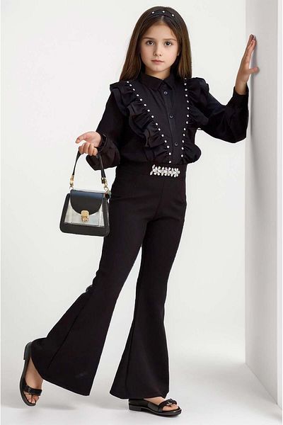 Riccotarz Black Stone Embroidered Set For Girl's Spanish Leg Shirt And Ruffle Shoulder