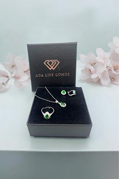 ADA LİFE GÜMÜŞ 925 Ayar Gümüş Damla Model 3 Lü Set Kolye Küpe Yüzük (ÖZEL KUT...