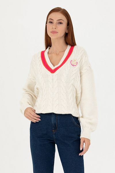 U.S. Polo Assn. Pulover de damă crem cu decolteu în V 50270447 -VR071