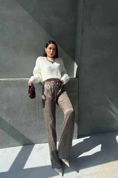Seda Yalçın Atelier Light Khaki Leopard Patterned Jacquard Wide Leg Trousers