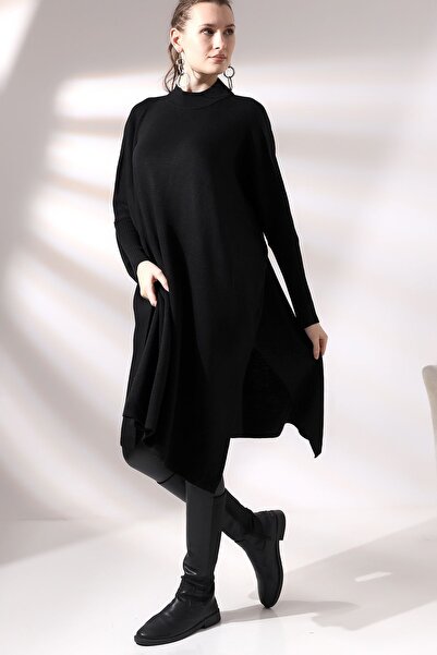 Devinka Women's Oversize Long Slit Knitwear Poncho Sweater Black