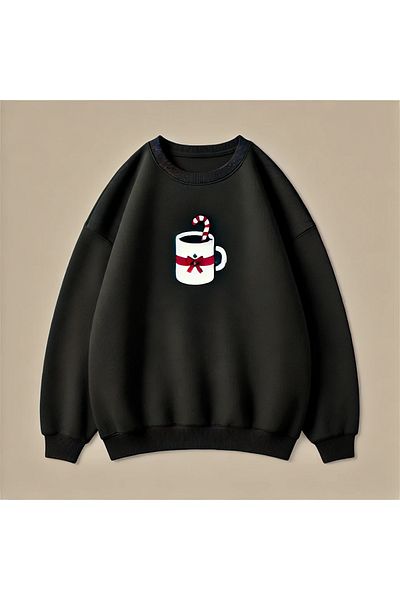 Pink Sky Christmas Printed Black Oversize Sweatshirt