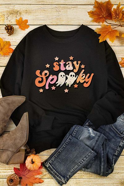 Pink Sky Plus Size Black Halloween Stay Spooky Printed Sweatshirt
