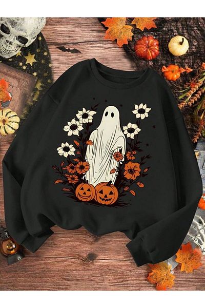 Pink Sky Black Unisex Printed Fleece Sweatshirt - Long Sleeve, Crew Neck, Halloween