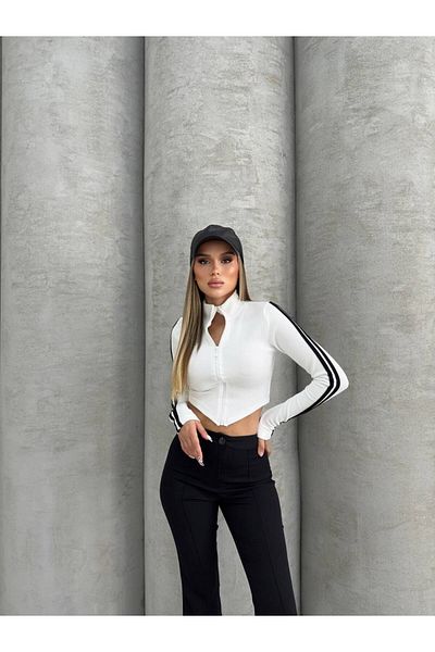 İKLİM LİFE White Crop Top - Striped Sleeve and Zippered Front Design