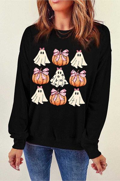 Pink Sky Black Halloween Ghost and Pumpkin Printed Crew Neck Sweatshirt