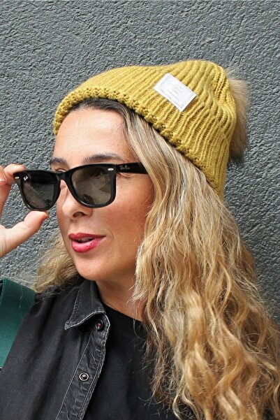 Sofist İstanbul Yağ Yeşili Ponponlu Dokuma Etiketli Soft Yıkama Yünlü Ve Katlamalı Kadın Örgü Bere