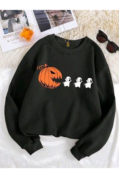 Pink Sky Comfortable Long-Sleeved Crew Neck Sweatshirt, Pumpkin Print, Large Size