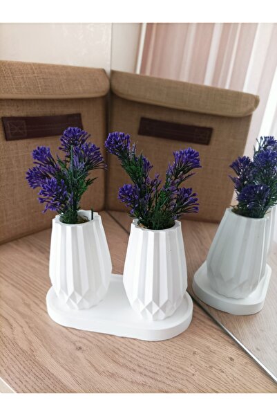 aksenbirstore MİNİ DESENLİ OVAL BETON SAKSI İKİLİ VE OVAL TABAK - YAPAY ÇİÇEK HEDİYELİ