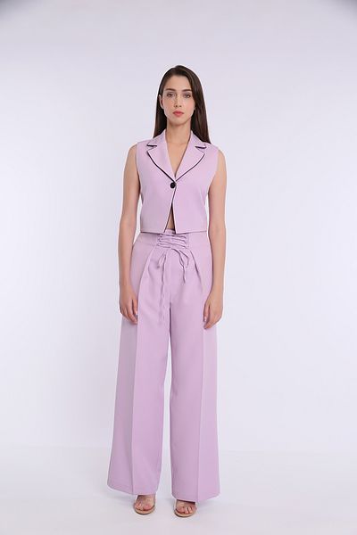 Yake Polyester Elastane Fabric Single Button Detailed Ribbed Vest Rope Detailed Trousers Set