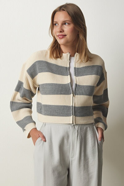 Lovelyİstanbul Krem sivi Prugasto pleteni kardigan sa patentnim zatvaračem - ...