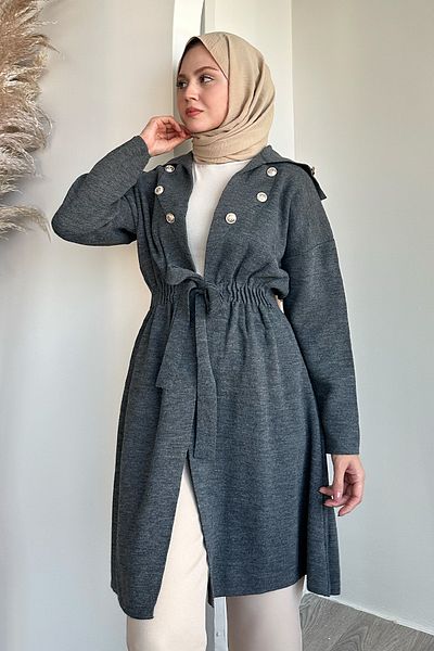 InStyle Gomb részlet Fűzős szürke kötöttáru kardigán