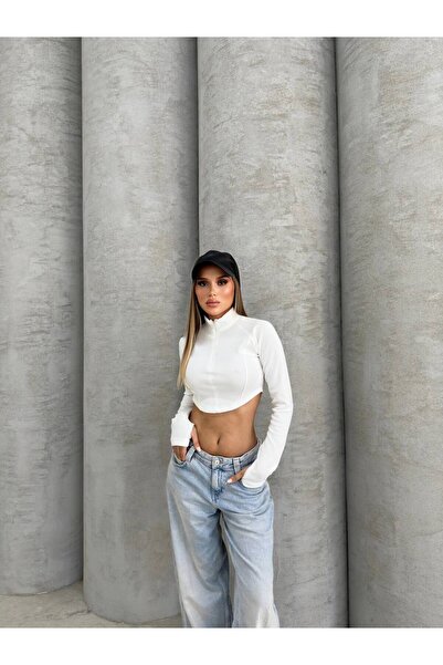 İKLİM LİFE EKRU къса блуза - скрит цип и отвори за палците