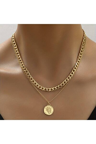 Foxyn TK-11 Coin Charm Katmanlı Altın Kaplama Kalın ve İnce Zincirli Kolye
