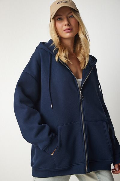 Lovelyİstanbul Oversize Hooded Zippered Sweatshirt - Navy Blue Lub0002