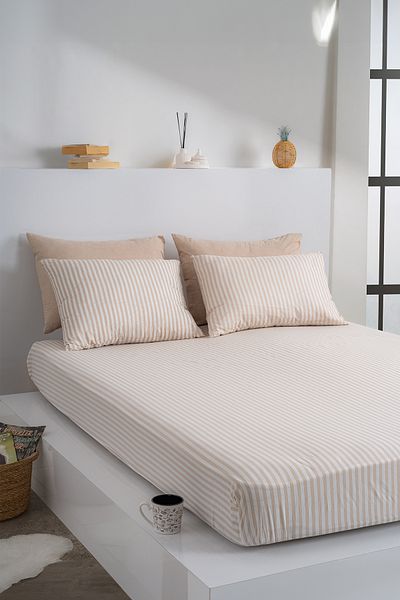 KetraHome طقم شرشف فردي كابتشينو مقلم قطن 100 × 200 سم كيس وسادة 50 × 70 سم