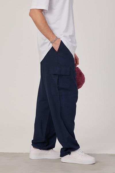 NOMARC Navy Blue Linen Cargo Παντελόνι - Φαρδύ Πόδι