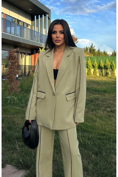 pembekurdelem Kadın Stil Oversize Ceket Pantolon Takım Haki