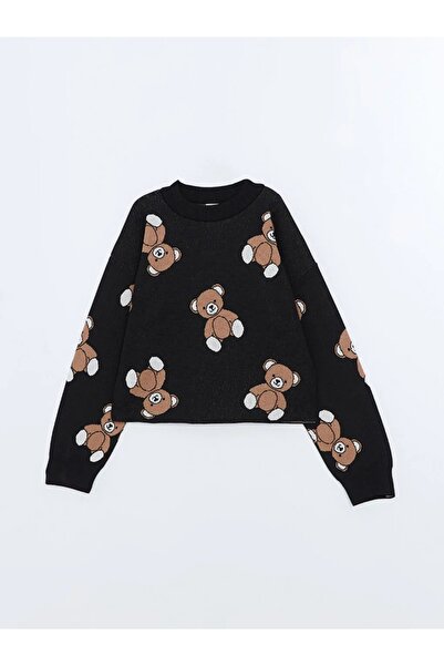 LC Waikiki LCW Kids Black Jacquard Crewneck Fete Tricoturi Pulover